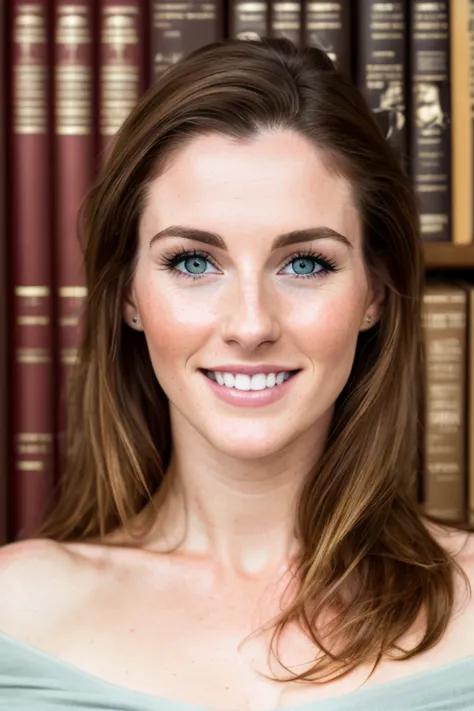 RAW photo of a beautiful irish 30 year old woman in the library, perfect face, 8k, beautiful eyes, realistic skin, (freckles:0.5), perfect teeth,