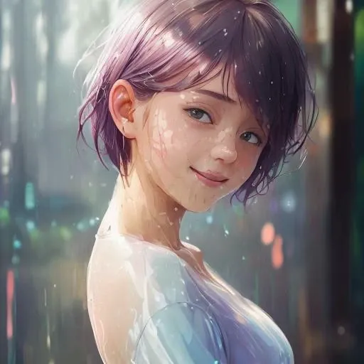 (Close-up), (half body), side portrait of cute girl, happy face, natural short hair, (wet transparent white shirt), open chest, shining skin, purple shining rain drop, natural light, beautiful leaf with bright colors, Japanese animation style, detailed painting, photorealistic, ((Laurent Parcelier Pascale Campion)), standing in the rain