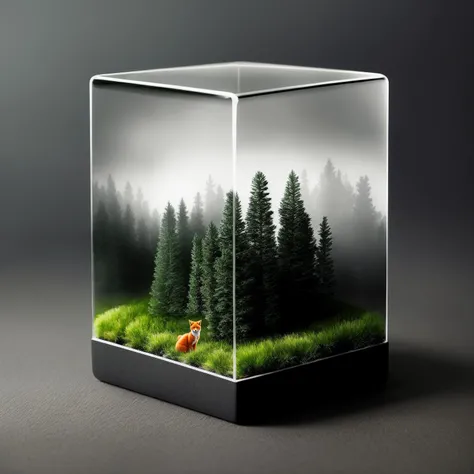 a cube of glass with micro pine forest inside it , realistic pines and grass, soft lighted warm gray background, (fog in the forest:0.2), slate atmosphere, cinematic, dimmed colors, dark shot, muted colors, film grainy, lut, spooky