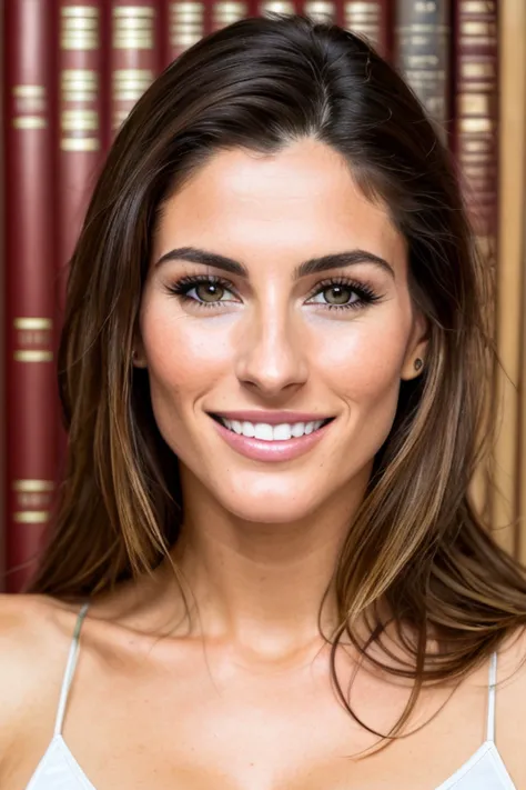 RAW photo of a beautiful spanish 30 year old woman in the library, perfect face, 8k, beautiful eyes, realistic skin, (freckles:0.5), perfect teeth,