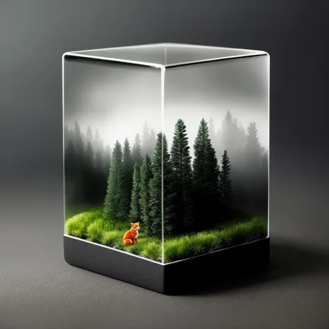a cube of glass with micro pine forest inside it , realistic pines and grass, soft lighted warm gray background, (fog in the forest:0.2), slate atmosphere, cinematic, dimmed colors, dark shot, muted colors, film grainy, lut, spooky