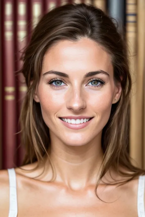 RAW photo of a beautiful french 30 year old woman in the library, perfect face, 8k, beautiful eyes, realistic skin, (freckles:0.5), perfect teeth,