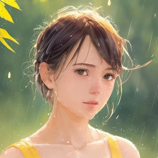 (Close-up), (half body), side portrait of cute girl, enjoy face, natural short hair, (wet transparent white shirt), open chest, shining skin, yellow shining rain drop, natural light, beautiful leaf with bright colors, Japanese animation style, detailed painting, photorealistic, ((Laurent Parcelier Pascale Campion)), standing in the rain