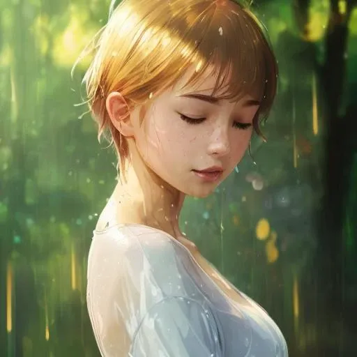 (Close-up), (half body), side portrait of cute girl, enjoy face, natural short hair, (closed eyes), (wet transparent white shirt), open chest, shining skin, yellow shining rain drop, natural light, beautiful leaf with bright colors, Japanese animation style, detailed painting, photorealistic, ((Laurent Parcelier Pascale Campion)), standing in the rain