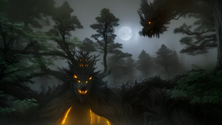 front view, evil forest monster, dark evil forest, evil trees, night, foggy atmosphere, round moon
horror, creepy atmosphere
HDR, hyperrealictic, ((intricate details)), ((intricate details, hyperdetailed)), cinematic, volumetric lighting