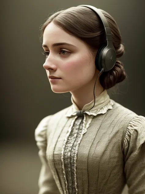 Jane Eyre with headphones, natural skin texture, 24mm, 4k textures, soft cinematic light, adobe lightroom, photolab, hdr, intricate, elegant, highly detailed, sharp focus, ((((cinematic look)))), soothing tones, insane details, intricate details, hyperdetailed, low contrast, soft cinematic light, dim colors, exposure blend, hdr, faded, slate atmosphere