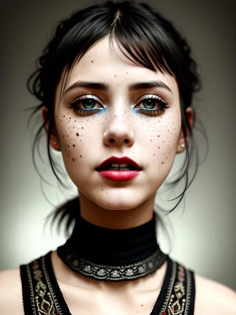 1girl, bangs, black_choker, black_hair, bread, breasts, choker, cleavage, face, food, food_on_face, freckles, hair_ornament, hairclip, lips, long_hair, mole, mole_on_breast, mole_on_thigh, mole_under_eye, nose, realistic, red_lips, solo, teeth, tongue, tongue_out,