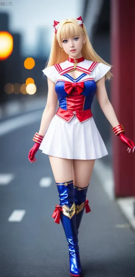 photography, best quality, ultra high res, photorealistic, dark, asian, sailor moon, sailor moon dress, red high boots, blonde hair, blue eyes, medium breast, amazing body, pronounced feminine feature, realistic legs, insane details, intricate details, night street