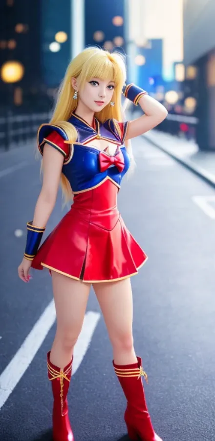 photography, best quality, ultra high res, photorealistic, dark, asian, sailor moon, sailor moon dress, red high boots, blonde hair, blue eyes, medium breast, amazing body, pronounced feminine feature, realistic legs, insane details, intricate details, night street