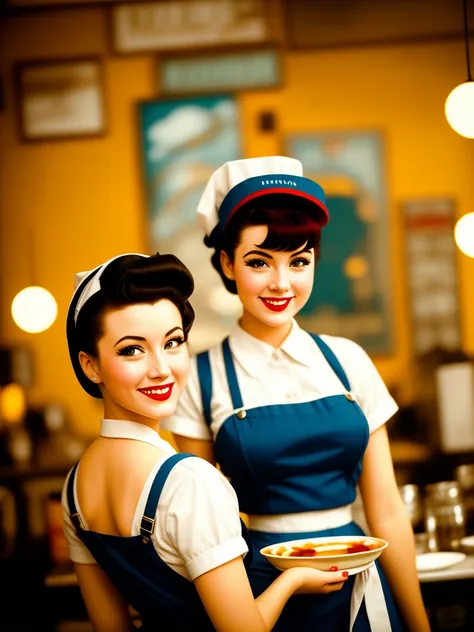 waitress, pinup, art style, kodak portra 400, cinematic, [[[smiling]]], [[[close up]]]