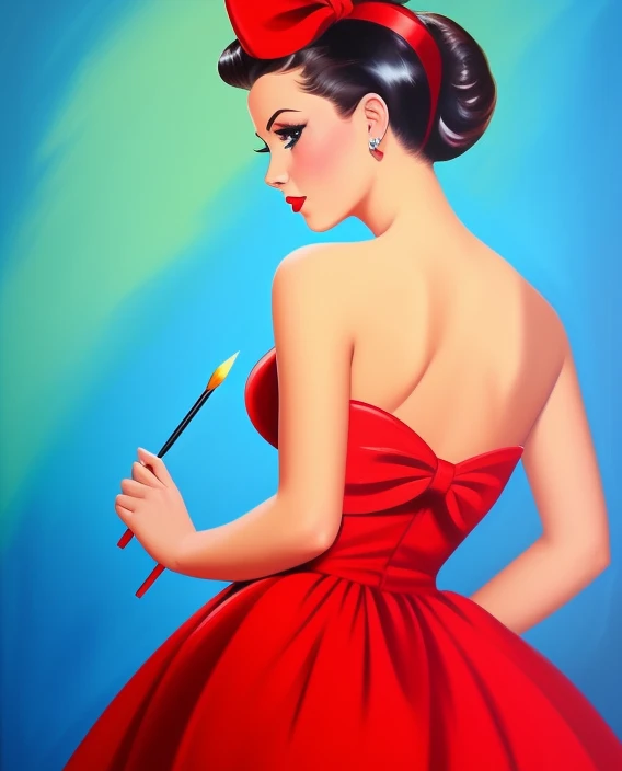 beautiful girl, dress, pin-up painting, pinup, art style, ((Edward Runci))