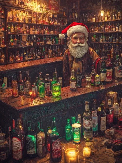 drunk, creepy santa, muddy, crowded bottles bar, intricate details, hdr, intricate details, hyperdetailed, cinematic, dark shot, muted colors, film grainy, soothing tones, muted colors, technicolor