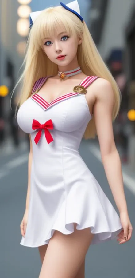 photography, best quality, ultra high res, photorealistic, dark, asian, sailor moon, sailor moon white dress, high boots, blonde hair, blue eyes, medium breast, amazing body, pronounced feminine feature, realistic legs, insane details, intricate details, night street