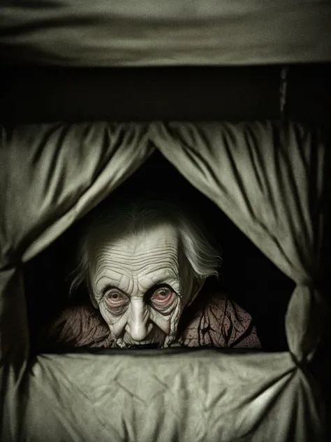 underneath the bed, a scariest old lady ever, is watching you, creepy, from the dark, very dark, black sheets, cinematic, dimmed colors, dark shot from the bottom, muted colors, grainy, lut, spooky