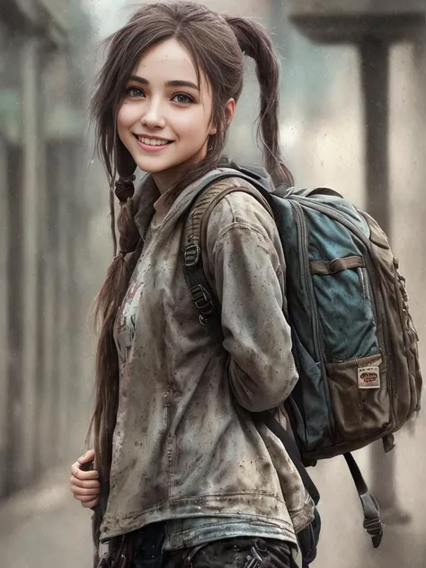 a young woman, street smiling, backpack, ponytails, epic realistic, photo, faded, complex stuff around, intricate background, soaking wet, neutral colors, ((((hdr)))), ((((muted colors)))), intricate scene, artstation, intricate details, vignette