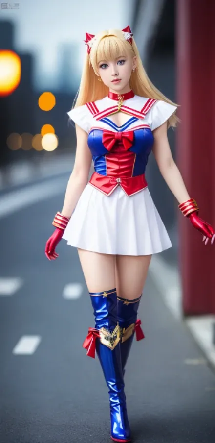 photography, best quality, ultra high res, photorealistic, dark, asian, sailor moon, sailor moon dress, red high boots, blonde hair, blue eyes, medium breast, amazing body, pronounced feminine feature, realistic legs, insane details, intricate details, night street