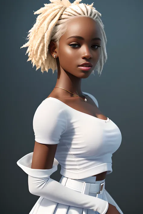 a portrait of a girl, dark skin, white hair, white top, white skirt, street outfit, beautifull, maid, freckles, small breast, amazing body, pronounced feminine feature, full body , legs , detailed, ultra quality, 8 k , detailed eyes