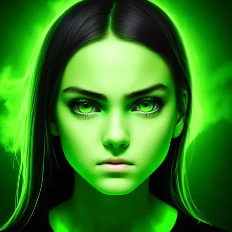 an angry girl portrait,white skin, green glowy eyes
