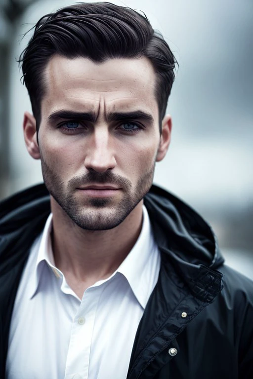 dramatic portrait of a man, short hair, big scar on the face, 35 mm lens focal length, white shirt, black raincoat,