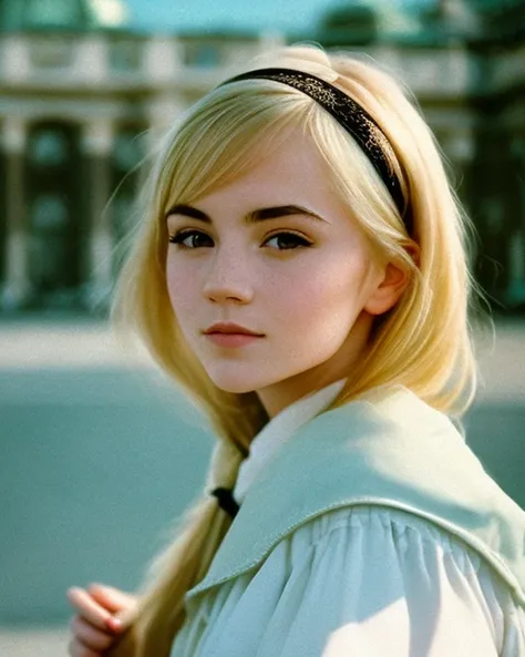 a portrait of tatar-kazakh blonde young woman, Emma Watson, Emma Stone, classical architecture, Saint Petersburg, smirk, close up, faded atmosphere, soothing tones, ((low contrast)), ((technicolor)), ((35mm)), ((super 8))
