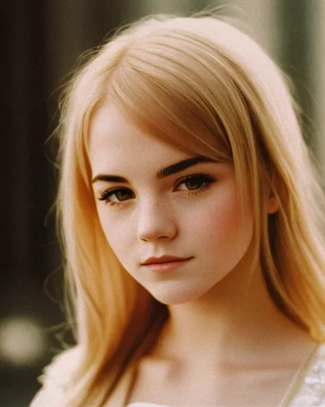 a portrait of tatar-kazakh blonde young woman, Emma Watson, Emma Stone, (seductive body), classical architecture, Saint Petersburg, smirk, close up, faded atmosphere, soothing tones, ((low contrast)), ((technicolor)), ((35mm)), ((super 8))