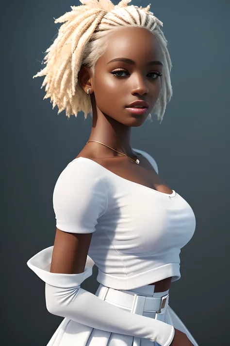 a portrait of a girl, dark skin, white hair, white top, white skirt, street outfit, beautifull, maid, freckles, small breast, amazing body, pronounced feminine feature, full body , legs , detailed, ultra quality, 8 k , detailed eyes