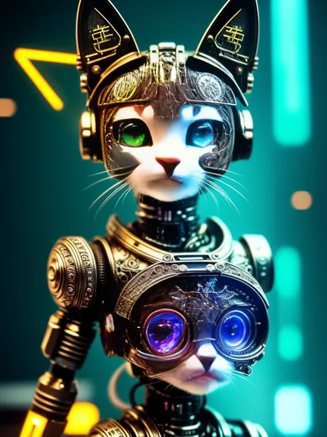 a cute kitten made out of metal, cyborg, cyberpunk style, ((intricate details)), hdr, ((intricate details, hyperdetailed)), cinematic shot, vignette