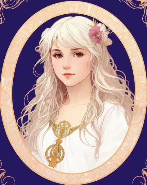 by Alphonse Mucha, teen girl, messy white hair, sailor dress, lustful, abstract spiral background
detailed, good, elegant