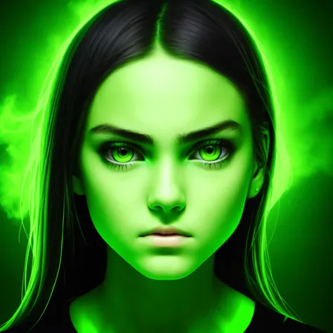 an angry girl portrait,white skin, green glowy eyes