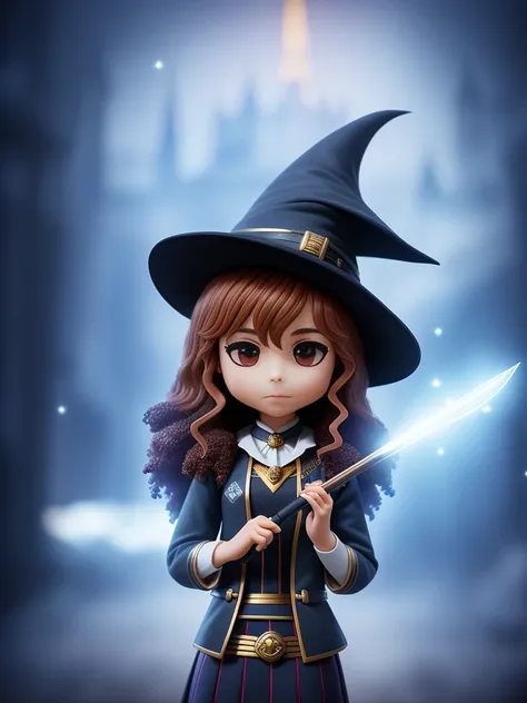 comix style, Hermione Granger casting spells, Hall at Hogwarts on backgroung, ((((chibi)))), (magical atmosphere), focus on eyes, (((ultradetaled clear eyes))), (detailed skin, skin texture), (intricately detailed, fine details, hyperdetailed), raytracing, subsurface scattering, wide angle, diffused soft lighting, shallow depth of field, by (Oliver Wetter), photographed on a Canon EOS R5, 28mm lens, F/2.8, sharp focus bokeh