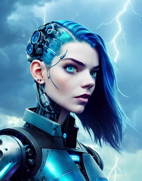 (ANAT0J3) ((full body)) Cyberpunk, futuristic suit, (((intricate robotic parts:1.25))), with high technological details, highly detailed RAW color photo, standing in the middle of a futuristic war, (fully robotic arm with Gears and futuristic mechanical parts) (cyber tattoos), (stylish and beautiful face), (intricately detailed, fine details, hyper-detailed), ray tracing, (sexy:1.5) (big breast:1.0) (angry:1.1) (detailed face:1.7) (eyes retina detailed:0.8) (freckles:0.1) ((perfect eyes))  (skin detailed:1.5)  (solo:1.5) (freckles:0.8) ((bluish cloudy)) ((sky with lightning)) ((((only one person)))) (((photorealistic))) (raining:0.3) (black air)  (hair details:1.5)
