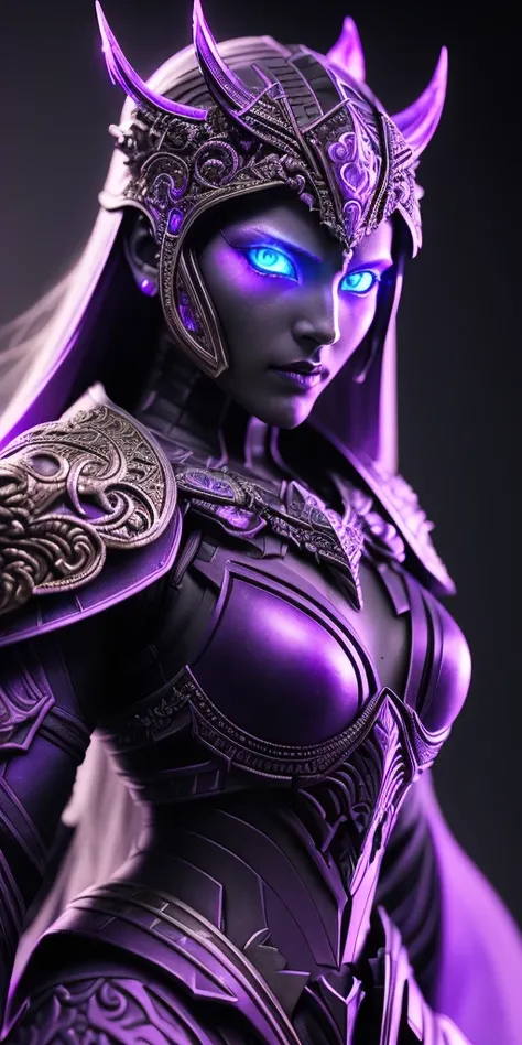 gentle light, model photo production, she is ancient magical queen of death of a purple void realm in plated heavy armor, glowing vibrant orange eyes:1.5, ((intricate details)), hdr, ((intricate details, hyperdetailed)), art by greg rutkowski and artgerm, soft cinematic light, adobe lightroom, photolab, hdr, intricate, highly detailed, ((((depth of field))))