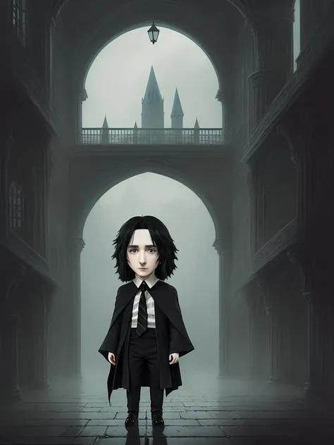 (((Chibi Severus Snape conjures))), Hall at Hogwarts on backgroung, ((((chibi doll)))), (magical atmosphere), soothing tones,intricate scene, insane details, intricate details, hyperdetailed, low contrast, soft cinematic light, dim colors, exposure blend, slate atmosphere, Studio Ghibli, Intricate, High Detail, Sharp focus, painting art by Jakub Rozalski and Greg Rutkowski