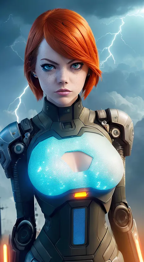 (Emma Stone) ((half body)) Cyberpunk, futuristic suit, intricate robotic parts, with high technological details, highly detailed RAW color photo, standing in the middle of a futuristic war, (fully robotic arm with Gears and futuristic mechanical parts) (cyber tattoos), (stylish and beautiful face), (intricately detailed, fine details, hyper-detailed), ray tracing, (sexy:1.5) (big breast:1.2) (angry:1.2) (detailed face:1.5) (eyes retina detailed:0.8) (freckles:0.1) ((perfect eyes)) (skin detailed:1.5) (solo:1.5) (freckles:0.8) ((bluish cloudy)) ((sky with lightning)) ((((only one person)))) (((photorealistic)))