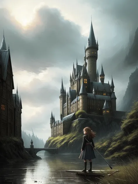 ((Hermione Granger flies on a broomstick)), Hall at Hogwarts on backgroung, ((((chibi)))), (magical atmosphere), ((((cinematic look)))), soothing tones,intricate scene, insane details, intricate details, hyperdetailed, low contrast, soft cinematic light, dim colors, exposure blend, hdr, faded, slate atmosphere, Studio Ghibli, ArtStation, CGSociety, Intricate, High Detail, Sharp focus, painting art by Jakub Rozalski and Greg Rutkowski
