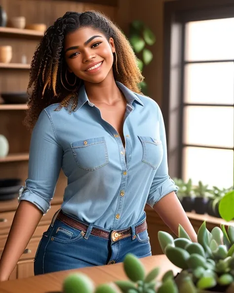 Erotic, highly detailed professional photograph of full body shot sex scene involving (((one thicc curvy short top model Basque-Israeli  zendaya face ebony skin 30 year old clothed woman wearing (jeans) and a (button down blouse)))) ((grinning relief)) in an apartment. (breasts spilling out of top), (((woman (holding medium succulent) in pot with (magically energy glowing leaves)))), Specular lighting,8K, global natural light, sharp focus, cinematic, 8k, nikon d750 f/1.4 55mm, crystal clear, intricate detail, chiaroscuro, Erotic