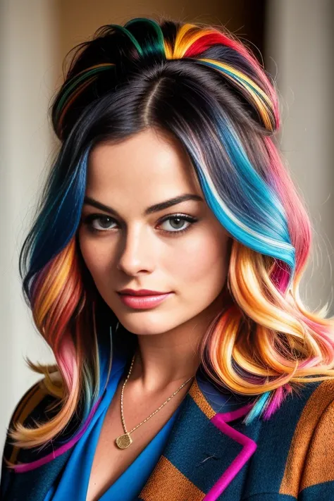 RAW photo, ((above waist)) portrait of [Margot Robbie|Angelina Jolie] looking at viewer, ((multicolored hair)), ((dark blue long office coat)):0.2, cleavage,  (high detailed skin:1.2), 8k uhd, dslr, soft lighting, high quality, film grain, Fujifilm XT3