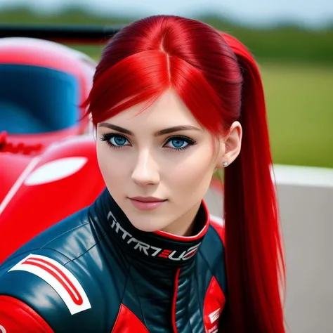 a young woman, wearing red race costume, stay near modern sportcar, red double ponytail hair, blue eyes