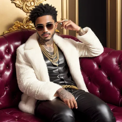 a high detail RAW color professional full body shot of a young man with a gold inlay crowns in his teeth in fur coat sittingon the leather sofa in the nightclub, eys on camera, sunglasses, signet ring, golden chain necklace, leather pants, tanned skin, black hair, tattoo, detailed fur, highly detailed skin texture, detailed facial features, detailed hair texture, studio lightning, photographed on a Canon EOS R5 Camera