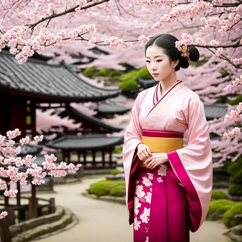 a high detail RAW color professional photo of a young slender woman in geisha outfit standing under a sakura tree, full body shot, modelshoot style, pale skin, background is a Japanese town of Edo period, highly detailed skin texture, detailed facial features, detailed hair texture, natural lighting, f/16, 50mm focal length, ISO 200, photographed on a Sony a7 IV Camera