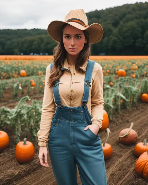 highly detailed professional photograph of full body scene involving a young woman(((one 26 year old brown haired (Buxom short plump) farmer woman English-European wearing tan overalls and a jacket picking pumpkins ))) (((outdoors in a field))). Specular lighting,8K, global natural light, sharp focus, cinematic, 8k, nikon d750 f/1.4 35mm, crystal clear, intricate detail, chiaroscuro,