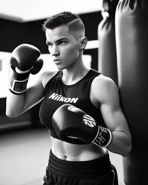 highly detailed professional photograph of full body shot involving a young woman (((one 30 year old [Taylor Lautner face:0.8] athletic medium haired (side shave) woman with (flat chest) and hips wearing boxing gloves and a grey sweatshirt with black shorts))) (((at boxing gym punching heavy bag))).(((serious face))), Specular lighting,8K, global natural light, sharp focus, cinematic, 8k, nikon d750 f/1.4 35mm, crystal clear, intricate detail, chiaroscuro, Erotic