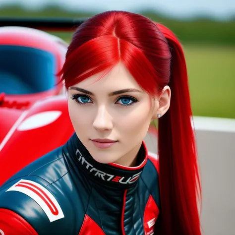 a young woman, wearing red race costume, stay near modern sportcar, red double ponytail hair, blue eyes