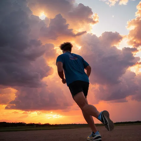 a high detail RAW color professional (low-angle:1.4) shot of a young man running towards the sunset, short hair, view from behind, highly detailed skin texture, detailed hair texture, natural lightning, photographed on a Canon EOS R5 Camera