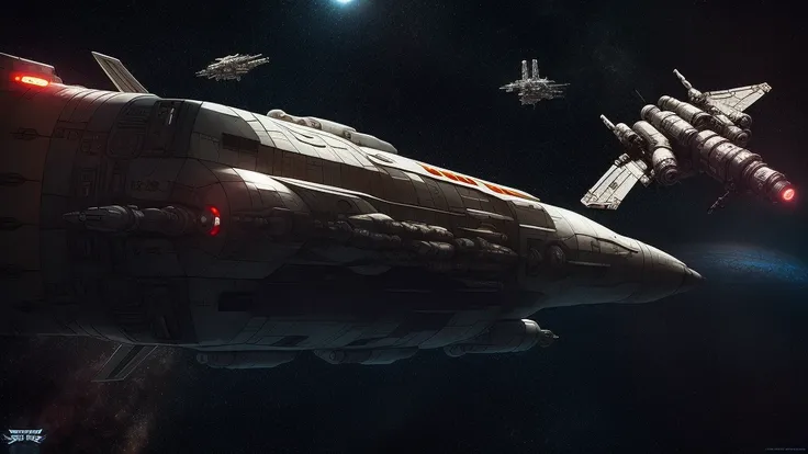 Spaceship in outer space, space station in the background, detail, Pengzhen Zhang artstation, warhammer 40000, trending on artstation, artstationhd, artstationhq, 4k, 8k, sci fi