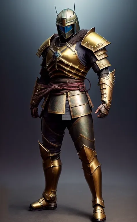 badass samurai in armor, (dark shot:1.17), ((epic)) realistic, faded, ((neutral colors)), art, (hdr:1.5), (muted colors:1.2), hyperdetailed, (artstation:1.5), cinematic, warm lights, dramatic light, (intricate details:1.1), complex background, (rutkowski:0.8), (teal and orange:0.4),((full body:1.9)), by Blizzard entertainment, (massive armor), big armor, large samurai armor:1.9, wearing samurai helmet, low light, facing camera, big muscles, muscled body, badass, badass style, steam punk, lot of details, detailed armor, large shoulders, large arms, large, limbs, half side portrait, ((dark background)), (night time), dark shadow, katana on his back, yoroi armor, yoroi helmet