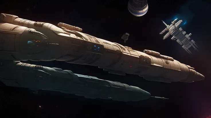 Spaceship in outer space, space station in the background, detail, Pengzhen Zhang artstation, warhammer 40000, trending on artstation, artstationhd, artstationhq, 4k, 8k, sci fi
