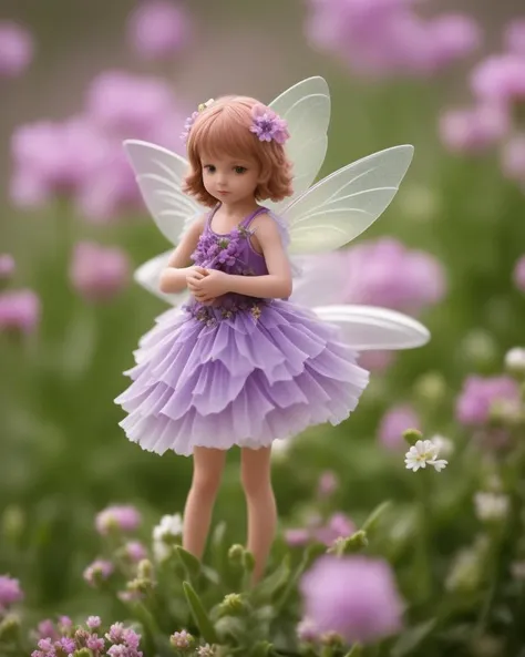 small fairy, plays on large tuberous, flowers in the background, high angel pov 120mm, macro shot, depth of field, soft front light, glow, HDR, (muted colors:1.2), Canon RF 100mm F2.8L Macro IS USM