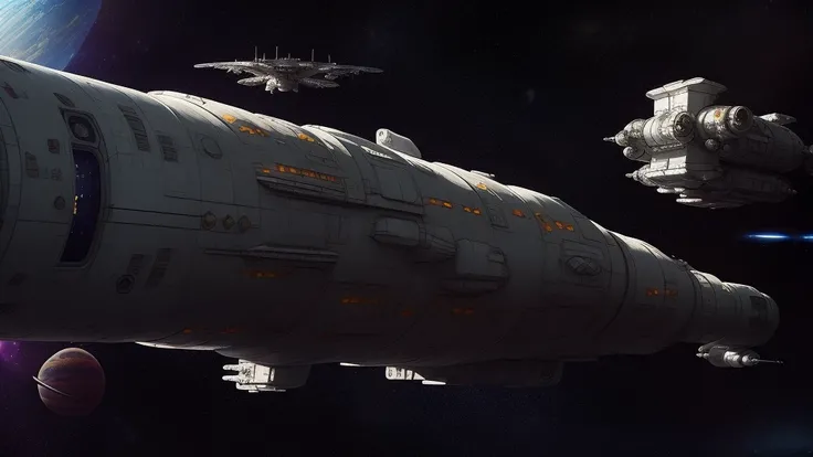 Spaceship in outer space, space station in the background, detail, Pengzhen Zhang artstation, warhammer 40000, trending on artstation, artstationhd, artstationhq, 4k, 8k, sci fi