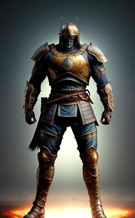 samurai in the armor, (dark shot:1.17), epic realistic, faded, ((neutral colors)), art, (hdr:1.5), (muted colors:1.2), hyperdetailed, (artstation:1.5), cinematic, warm lights, dramatic light, (intricate details:1.1), complex background, (rutkowski:0.8), (teal and orange:0.4),((full body:1.9)), by Blizzard entertainment, (massive armor), big armor, large samurai armor:1.9, wearing samurai helmet, low light, facing camera, big muscles, muscled body, badass, badass style, steam punk, lot of details, detailed armor, large shoulders, large arms, large, limbs, half side portrait, ((dark background)), (night time), dark shadow, katana on his back, yoroi armor